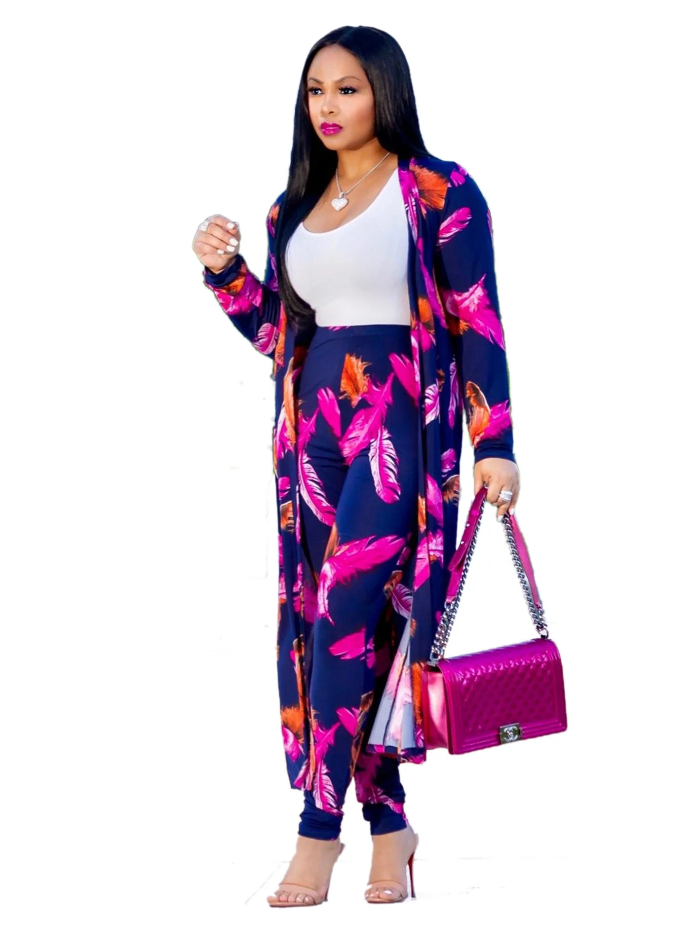 2021 women clothing spring fall Lady elegant Printed long coat leggings two piece pants set boutique clothing