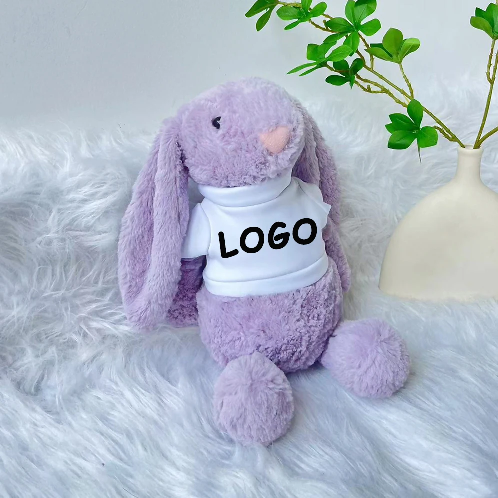 40CM Wholesale Cute fluffy soft cartoon stuffed animals long ear rabbit plush toy custom logo plush bunny with T-shirt