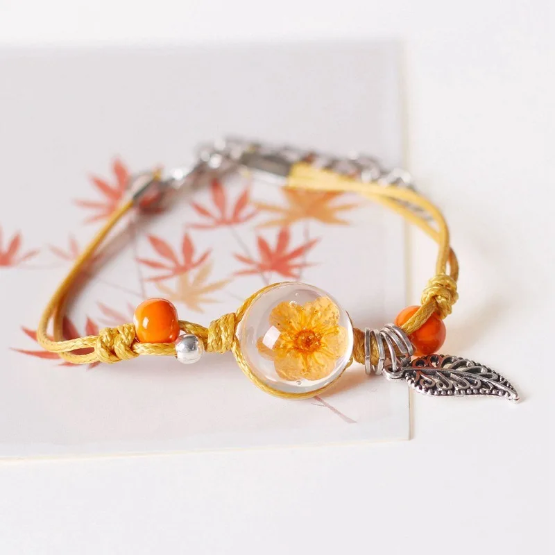 Handmade Rope Knot Braided with Ceramics Beads Natural Dried Flower Glass Ball Charms Bracelets
