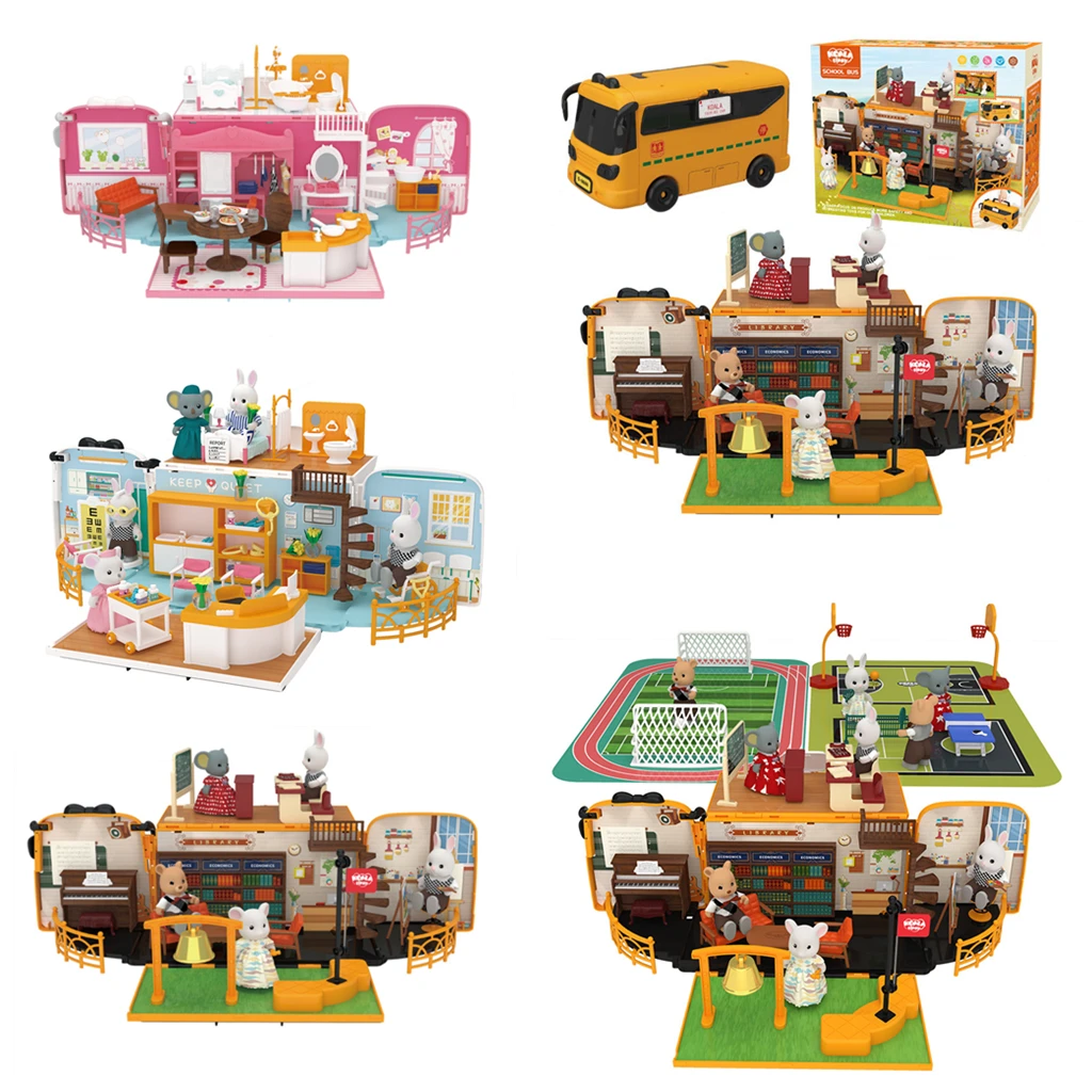 Miniature Dream Doll House Furniture Multi-functional Touring Bus Educational Toys Portable Pretend Play Set