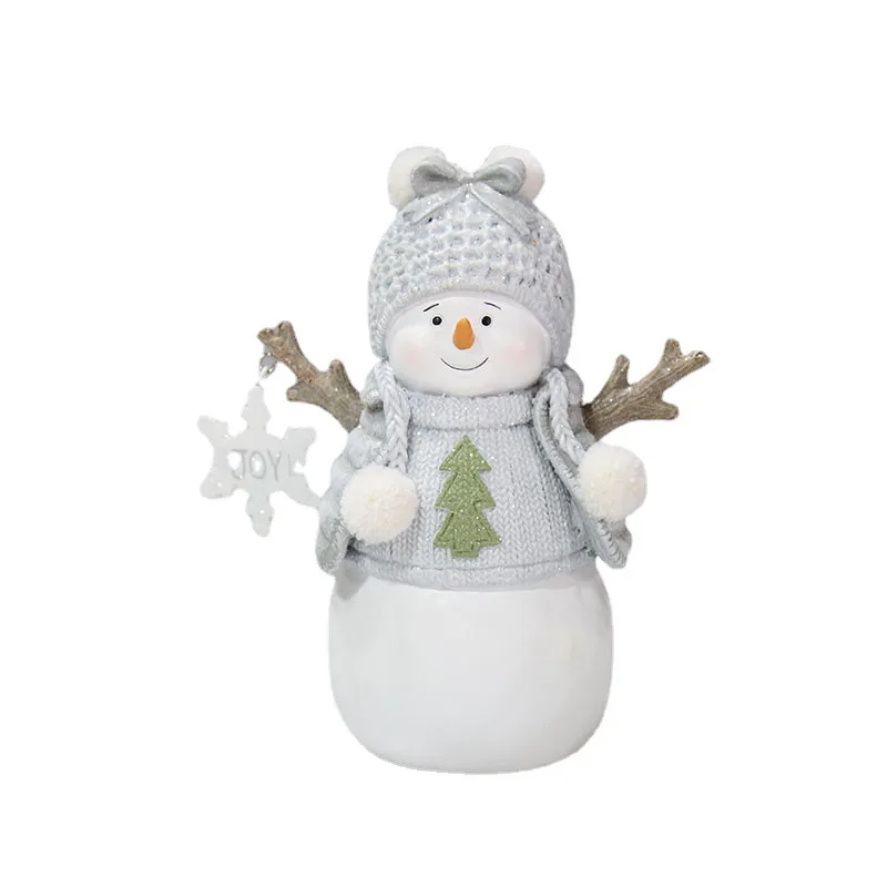2024 Christmas Resin Woodcut Effect Snowman Statue Holding Bird Wearing Woolen Clothes With Snowflake Decoration