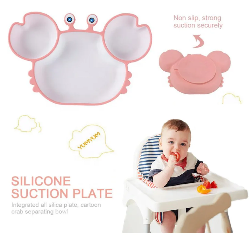 BPA Free Microwave Dishwasher Safe Suction Plato SiliconeBebe Dishes Toddler Divided Plate Crab Plate Feeding Set