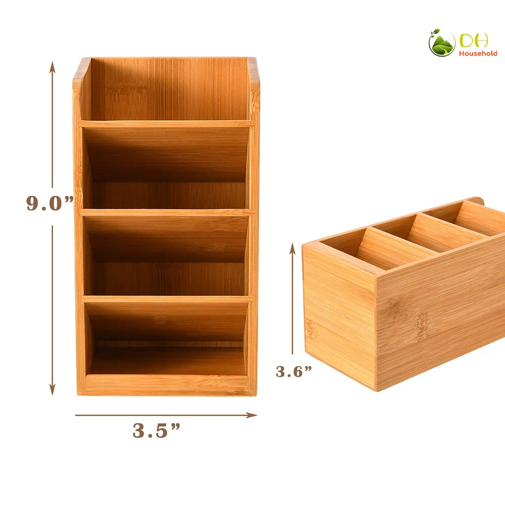  Bamboo Wood Pen Pencils Holder Cup for Desk Remote Control Caddy Organizer Desktop Storage with 4
