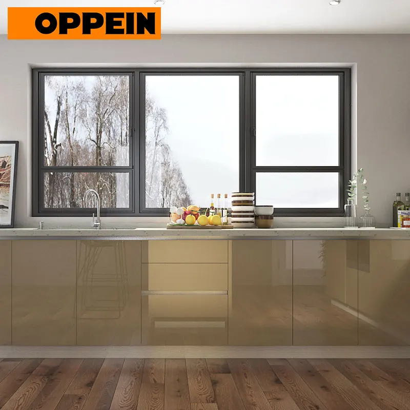 OPPEIN Modern Open Plan High Gloss Beige Kitchen Cabinets with Undermount Sink