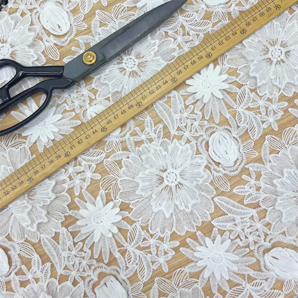 2025 Luxury white big 3d flower Embroidery With shinning diamond french tulle mesh Lace bridal fabric