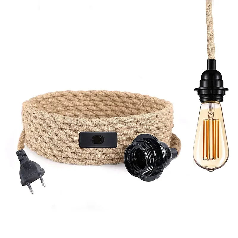 Vintage Style Hemp Rope Cable Wire With European Plug Dimmable Switch E27 Vintage Bulb Holder
