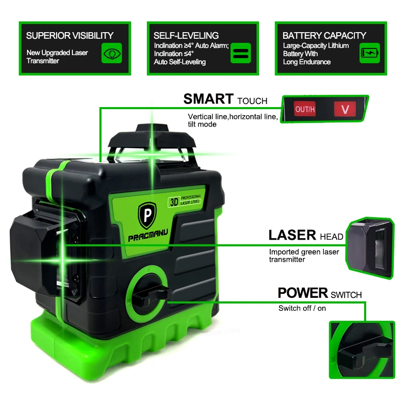 12 Lines 3D Green Horizontal And Vertical Cross Lines Laser Level