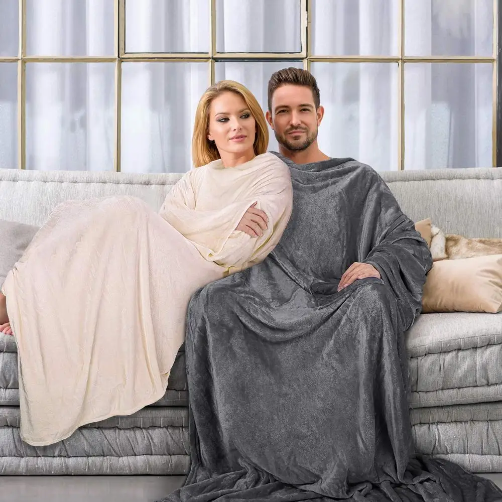 Wearable Fleece Blanket with Sleeves for Adult  Comfy Plush TV Blanket Throw Wrap Cover for Lounge Couch Reading and watching TV