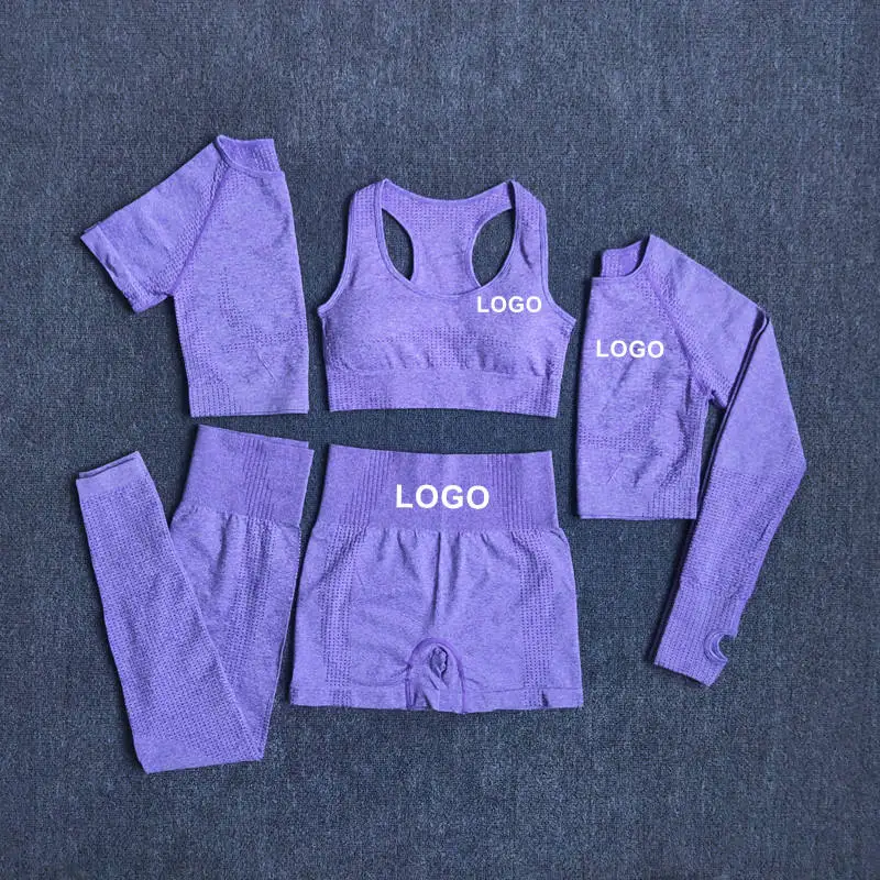 Custom Logo Seamless Gym Fitness Women Activewear Moisture Wicking Top An Leggings Workout Clothes 5 Piece Yoga Sets