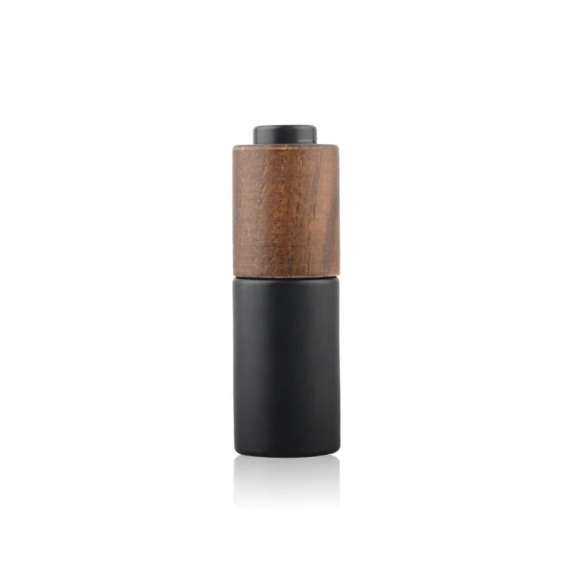 Elegant Matte black glass cosmetic bottles cream jars  with ash wooden lids for cosmetic packaging