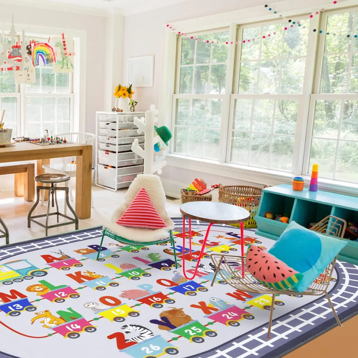 Kids Rug Carpet Oval ABC Alphabet Numbers Train and Road Educational Classroom Rug Baby Play Mat Learning Game Decor Grey Rug