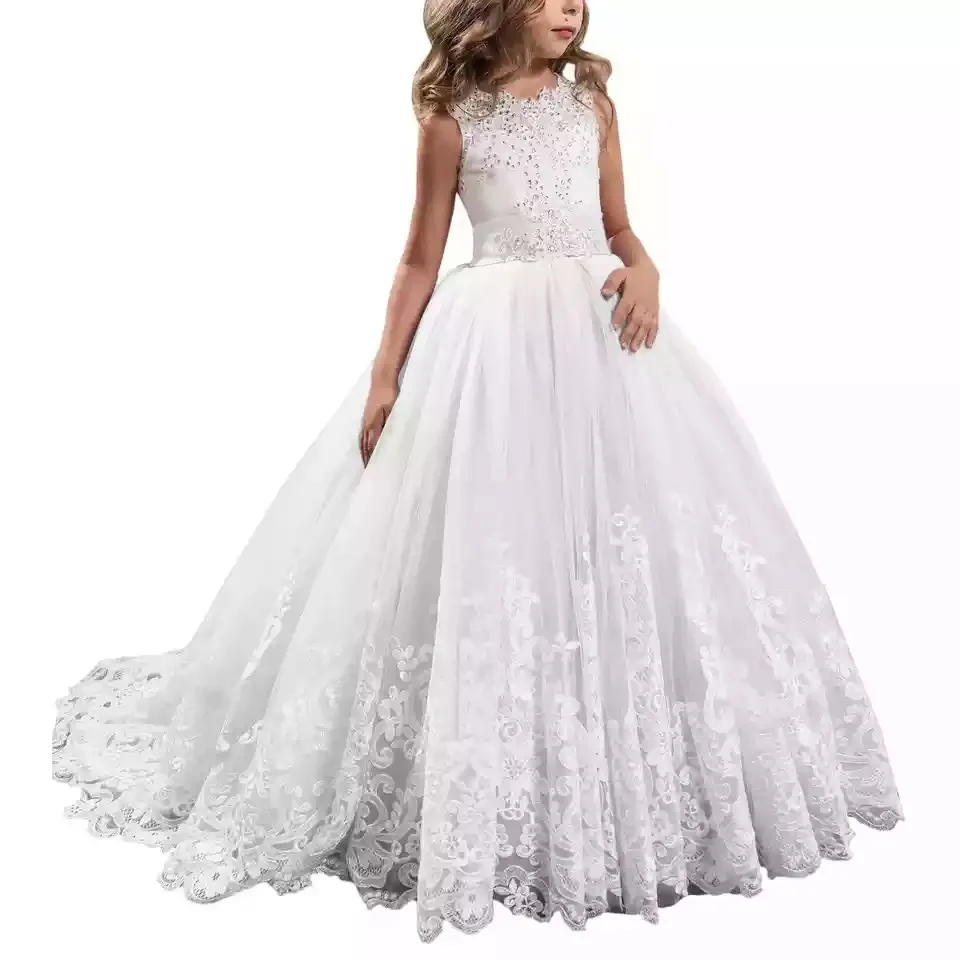 Fashion summer wholesale elegant white sleeveless bow kids children long prom gown party wedding teen girls evening dress