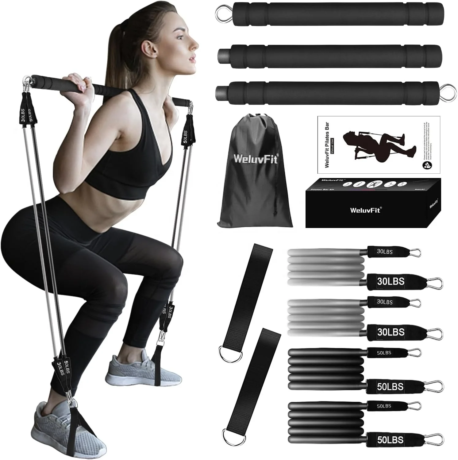 MR Hot Sale 3 Section Pilates Bar Kit with Resistance Bands Non-Slip Foot Strap for Home Workouts Squat Yoga for Full Body