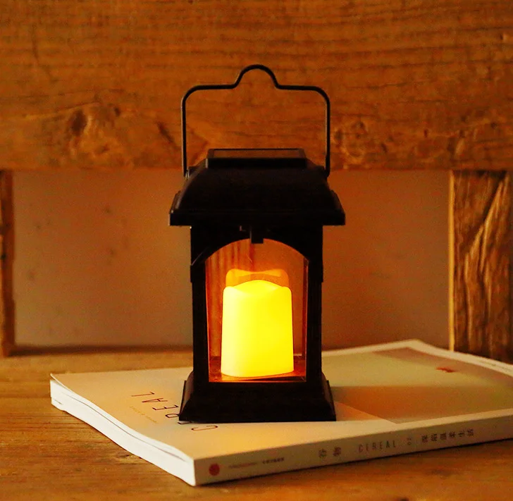 Hanging Decorative Lights Portable Solar Square Metal Flame Flicker Candle Lantern Lamp