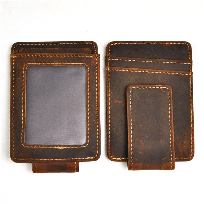 
Bulk Genuine Crazy Horse Leather Men Cool Wallet Card Holder Mini Slim Magnetic Money Clip 