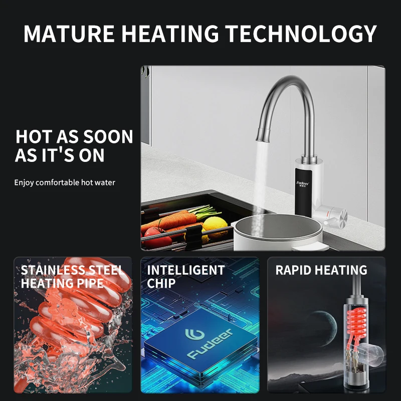 Fudeer Heater Cold Heating Faucet 3400W 220V Electric Kitchen Basin Water Heater Tap Instant Hot Stainless Steel Water Faucet