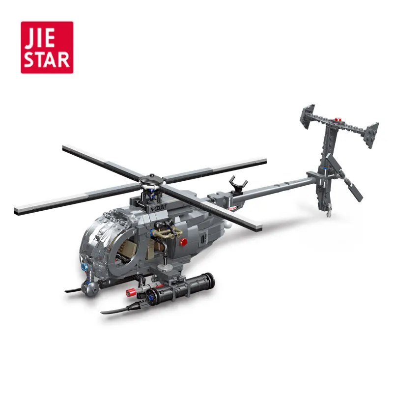 JIESTAR Hot Sale 523 Pcs Kids Collectible Educational Army Ah-6I Helicopter Model Building Block Set Kids Diy Military Plane Toy