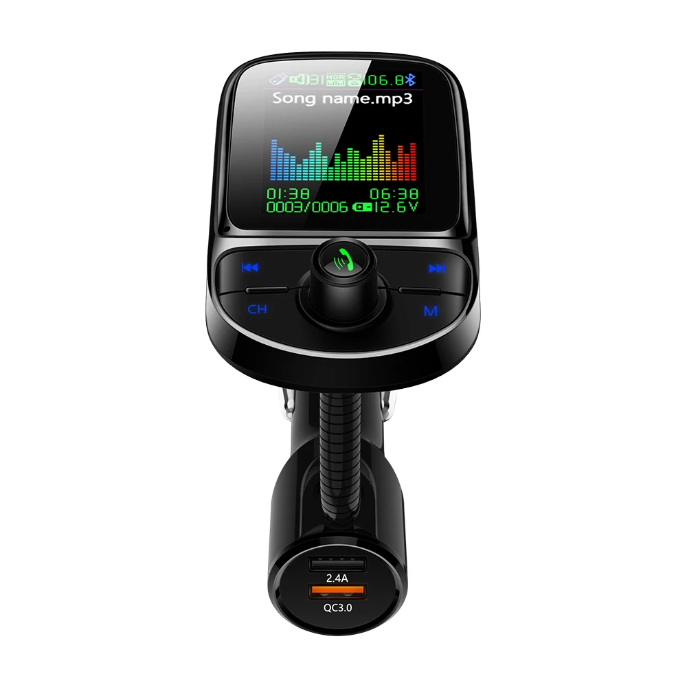 Car MP3 Player Bluetooth FM Transmitter with QC3.0 USB Charger 1.8 inch TFT Color Screen Hands-Free Calling Battery Detection