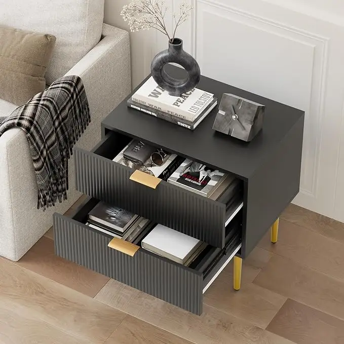 Mid Century Modern Night Stand with Fluted Panel, Bedside Table with 2 Drawer, Large Black NightStand with Gold Leg for Bedroom