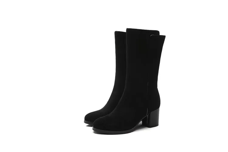 High Quality Kid Suede Round Toe Women Low Chunky Heel Black Zipper Winter Boots  for women with Plush lining