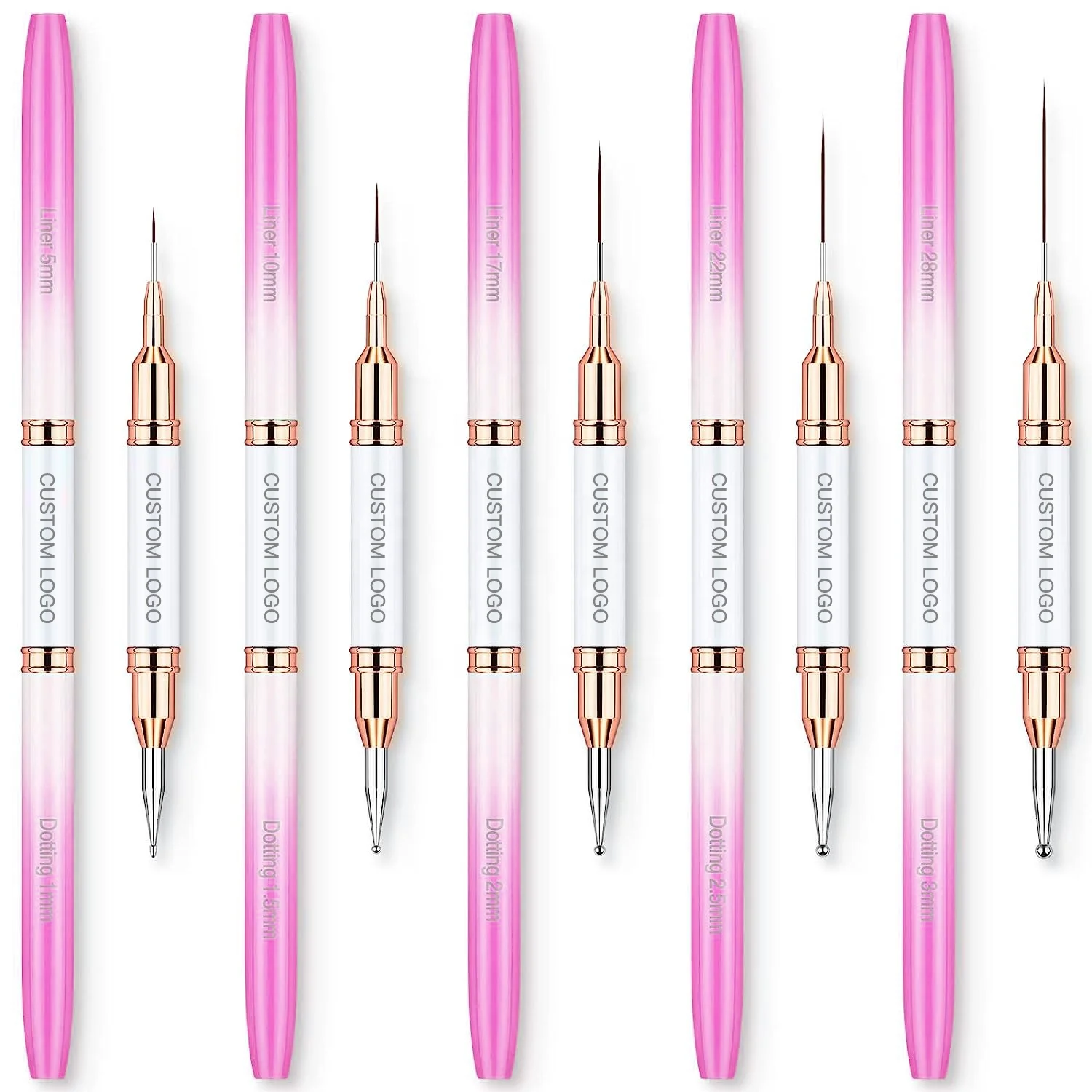 Hot Sale Fine Nail Art Brush Private Label Nylon Hair Metal Handle Double Side Dotting Pen Pink Nail Art Brushes Kits for Salon