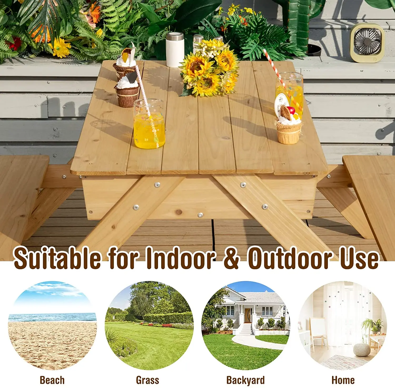 Kids Picnic Table  Outdoor Patio Dining Table  Wood  Activity Play Table  with Sand and Water Storage Box