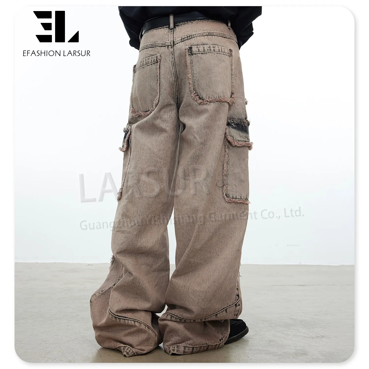 LARSUR Custom denim factory cotton distressed dye wash denim cargo pants men wtih pocket baggy cargo jeans men