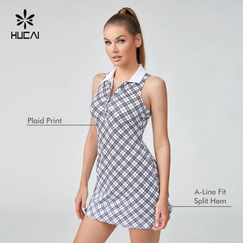 HUCAI Custom logo Classic black and white turn-down neck plaid A line tennis golf dress