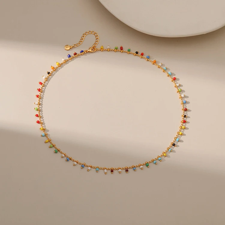 High quality 18k real gold plated statement glass bead necklace jewelry bohemian handmade colorful beads necklace for women