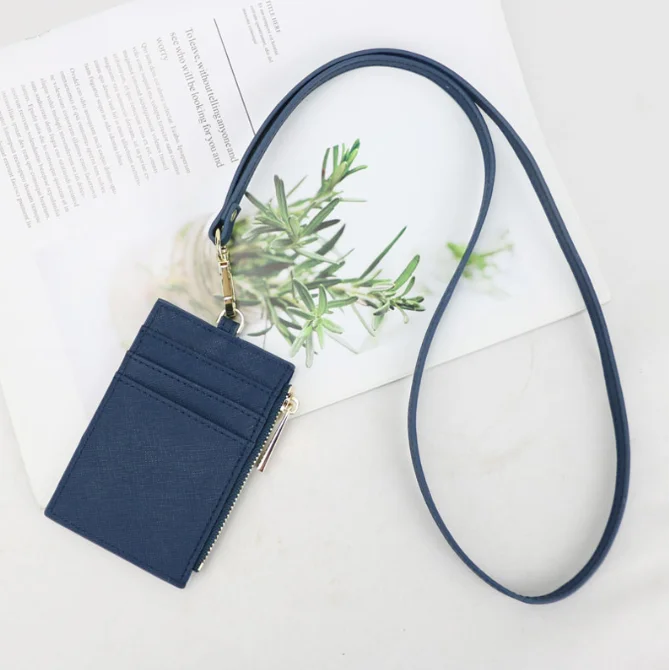 custom zipper badge saffiano genuine leather name id card holder with lanyard