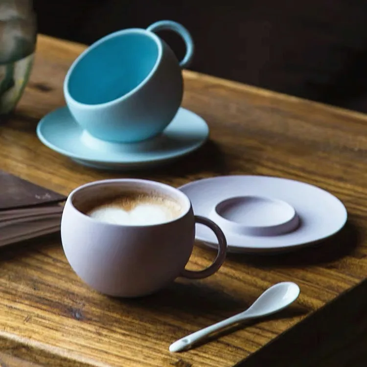 Custom creative design matte macaron color coffee cup and saucer ceramic cappuccino latte espresso cup set