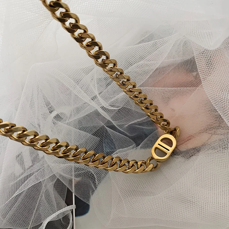 Ins Trendy Female Hip-Hop 18K Gold Plated Cuban Chains Necklace For Women Stainless Steel Necklace