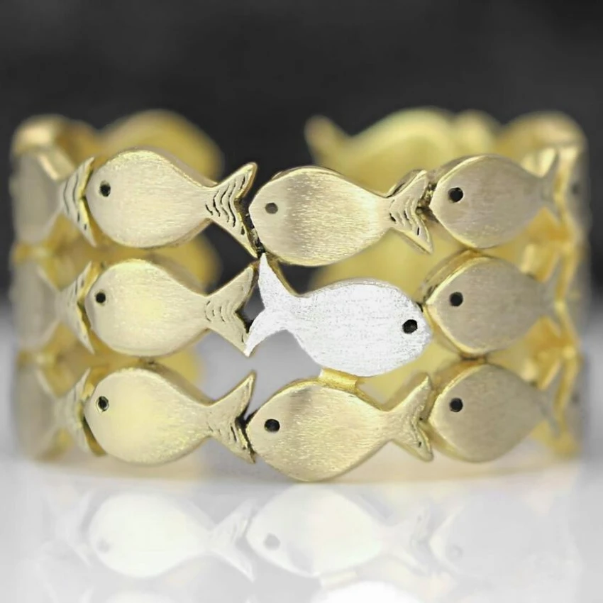 Swimming Lover Ring 316l Stainless Steel Pvd 18k Gold Plated Jewelry Wholesale Fish Swimming Ring Open Cute Fishes Ring