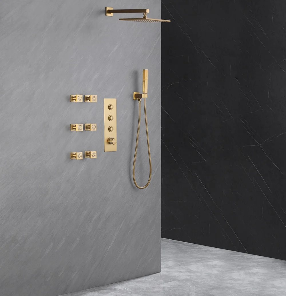 Hot Sale Square Brushed gold bathroom shower hot and cold shower mixer, in wall mounted rain concealed all copper shower set
