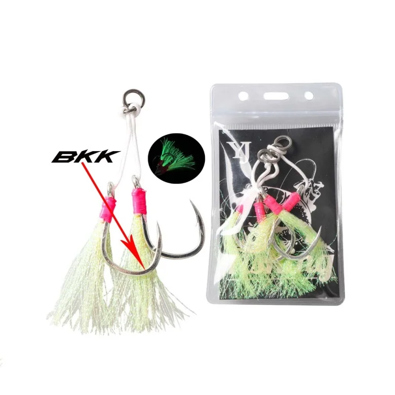 BKK8062 5X 1/0#-7/0# Saltwater Fishhooks Jigging Metal Sea double assist hook with Luminous silk Fishing Hook