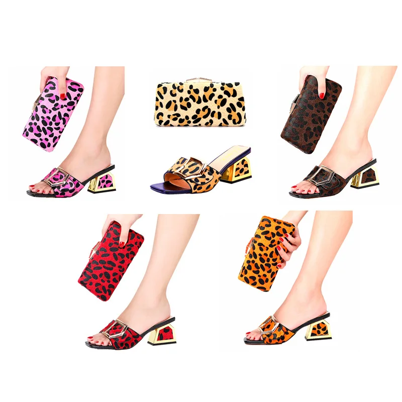 Leopard print high-heeled slippers cross-border shoes and bags set Lady Italian design wedding banquet party shoes