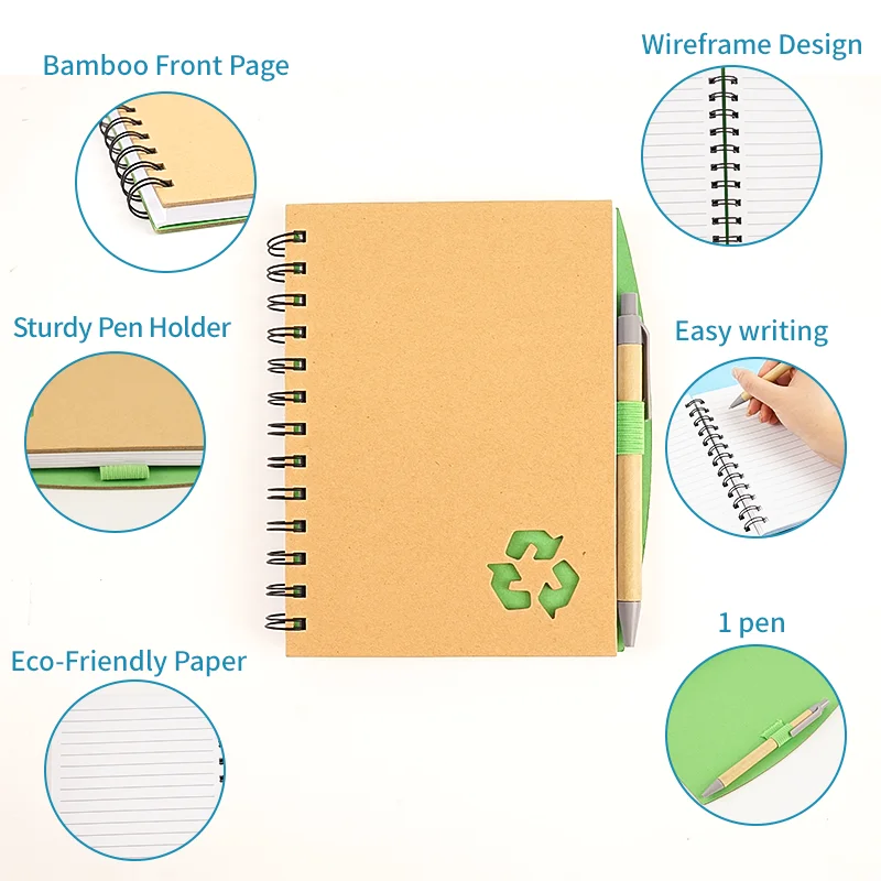 Custom Printed Eco-Friendly Recycled Spiral Kraft Notebook Featuring Your Logo with Elastic Band and Pen