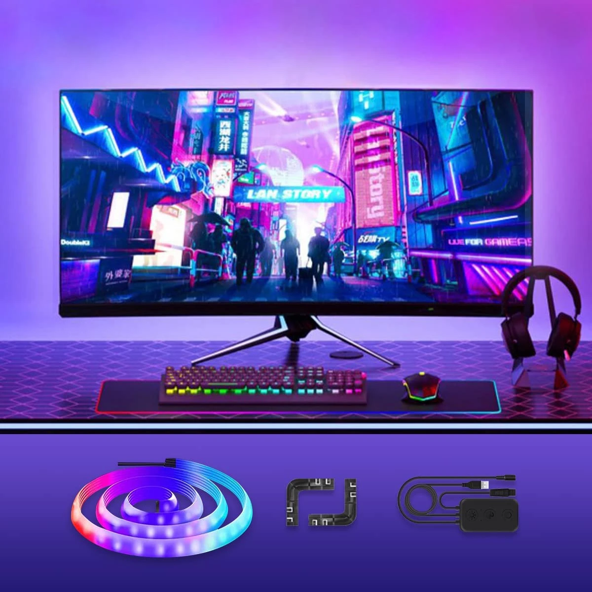 Игровая комната, многоцветные заменяемые RGB смарт-мониторы, светодиодная подсветка, световая полоса для ПК