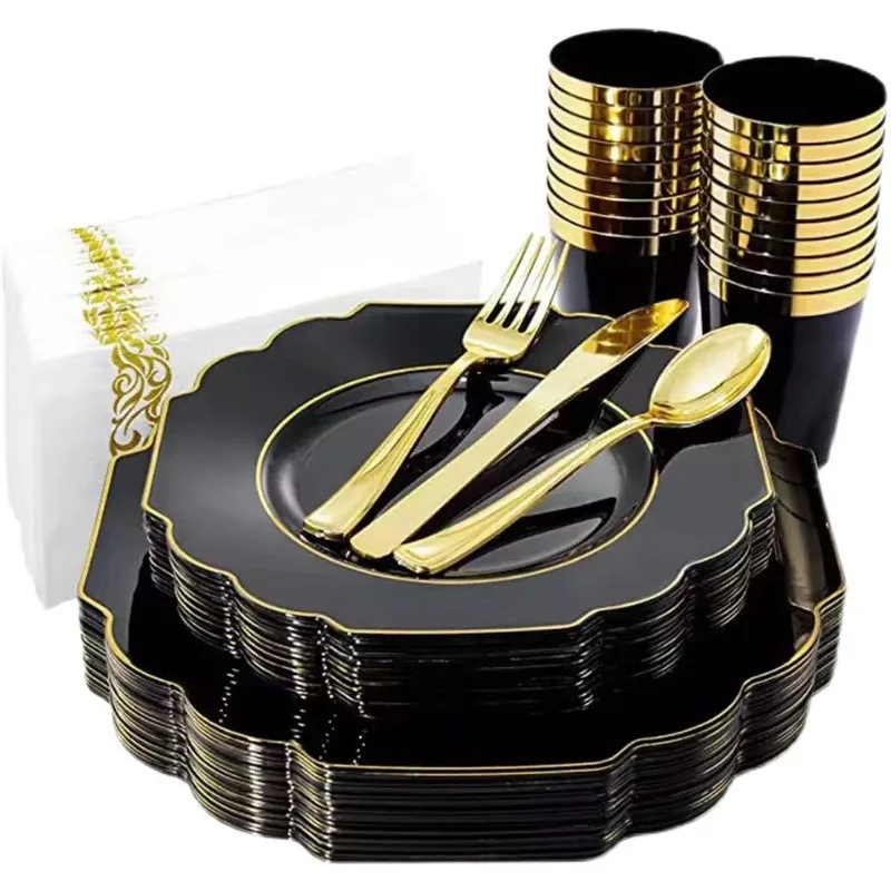 Retro Commercial Black Irregular Edge Gold Stamping Disposable Plastic Plate Tableware For Hotels Restaurants Party