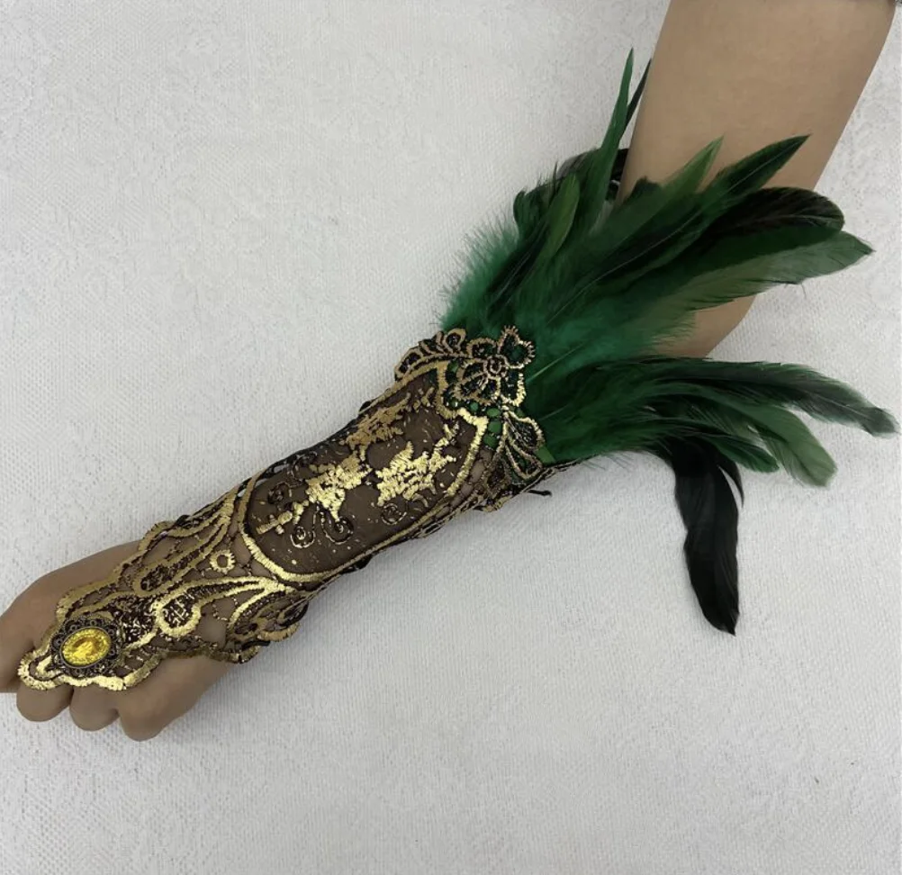 ZSY Halloween feather bracelet Gothic style feather gloves hollowed out gold lace gloves Clothing and Accessories