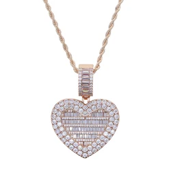 Iced out bling rectangle cz heart shaped locket pendant heart photo frame necklace