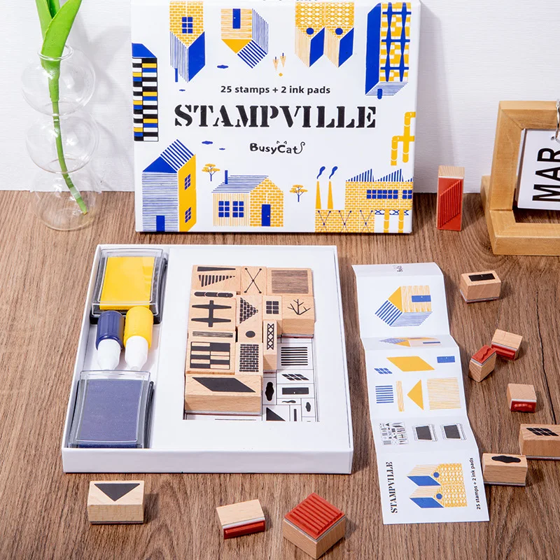 Creative Wood Seal Sensory Games Education Building Block Toys Wooden Town Stamp Toy Set