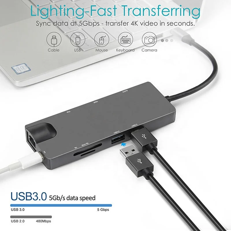 aluminum 9 in 1 usb c-hub multipoort adapter - for ipad pro 1 piece usb c to hd mi vga usb3.0 tf sd multiport adapter