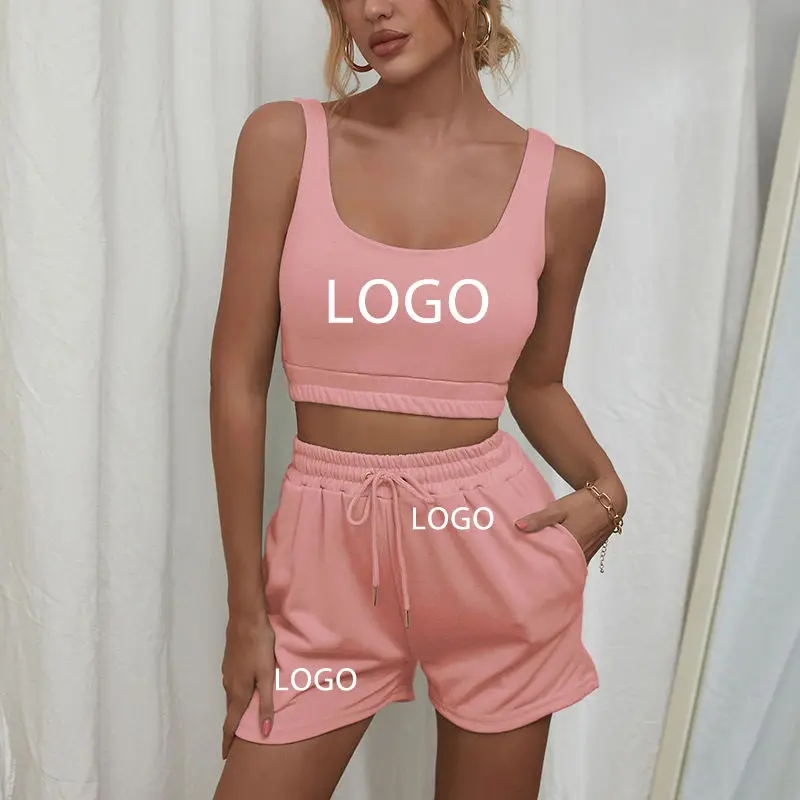 Custom logo 2023 Summer Crop top Two piece shorts Pants Set Joggers Sets Outfits 2 Piece Sweatsuit Sweat Short Set