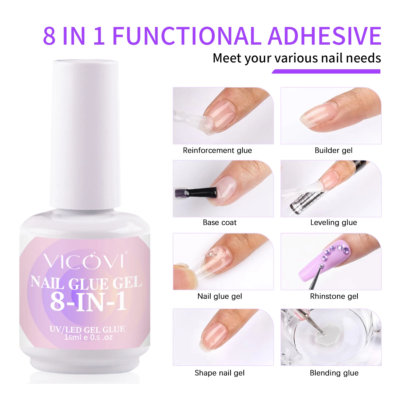 15ml Clear 8 in 1 Functional Adhesive Resin Base Coat Uv Gel Watercolor Gel Nail Extension Rhinestone Glue For Nails Gel Polish