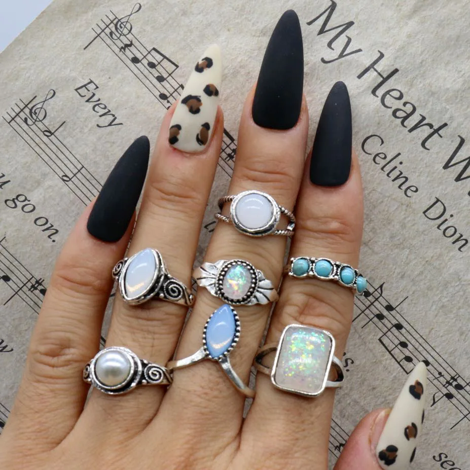 7 Pcs/Set Green White Big Gem Rings Set Geometric Rings Rhinestone Rings Set for Female Jewelry