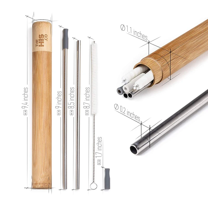 Набор многоразовых трубочек для напитков из нержавеющей стали | 4 металлические соломинки с хлопковыми чистящими щетками силиконовые наконечники бамбуковый Дорожный