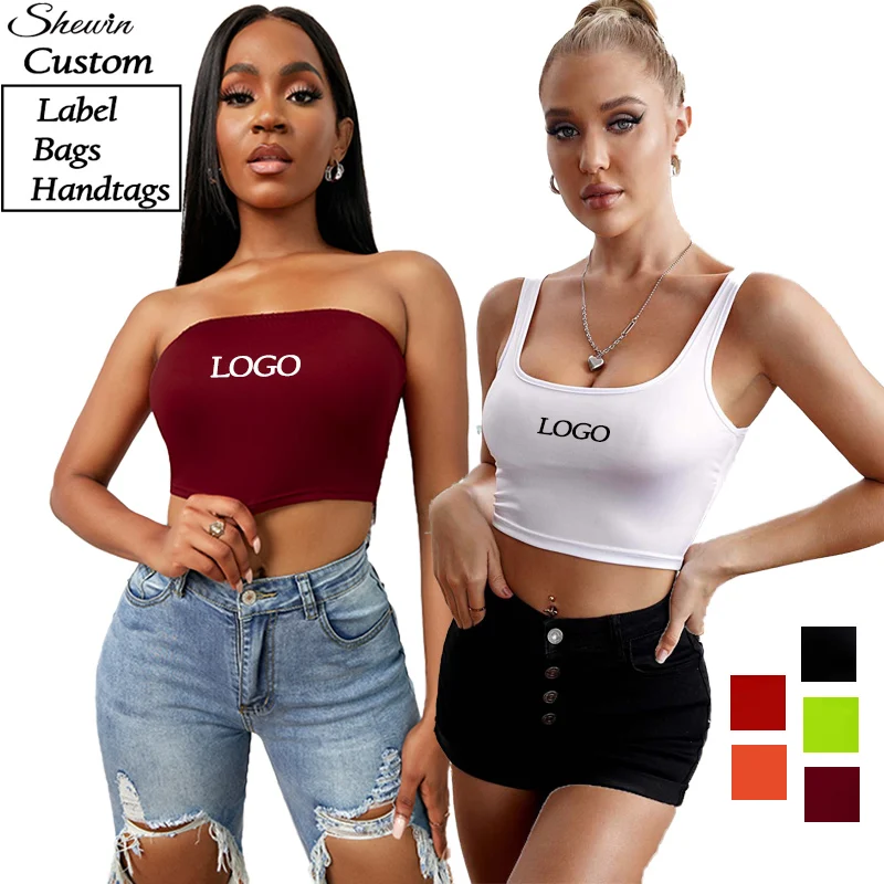Custom Logo Graphic Cropped Tank Top Sleeveless Off Shoulder Fashionable White Tube Crop Top For Women