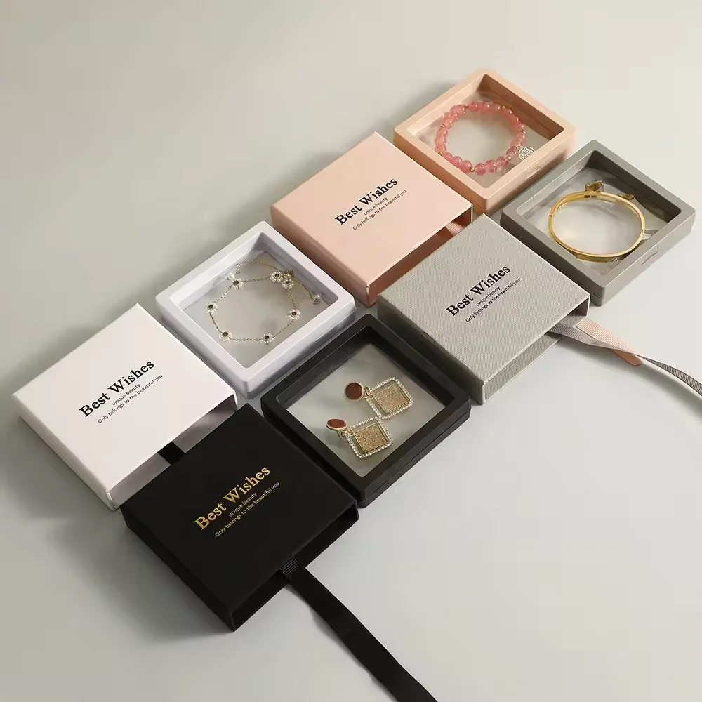 7.5*7.5cm Jewelry box Transparent PE Film Display Box with ribbon Necklace Bracelet Ring Earring Packing Box With logo