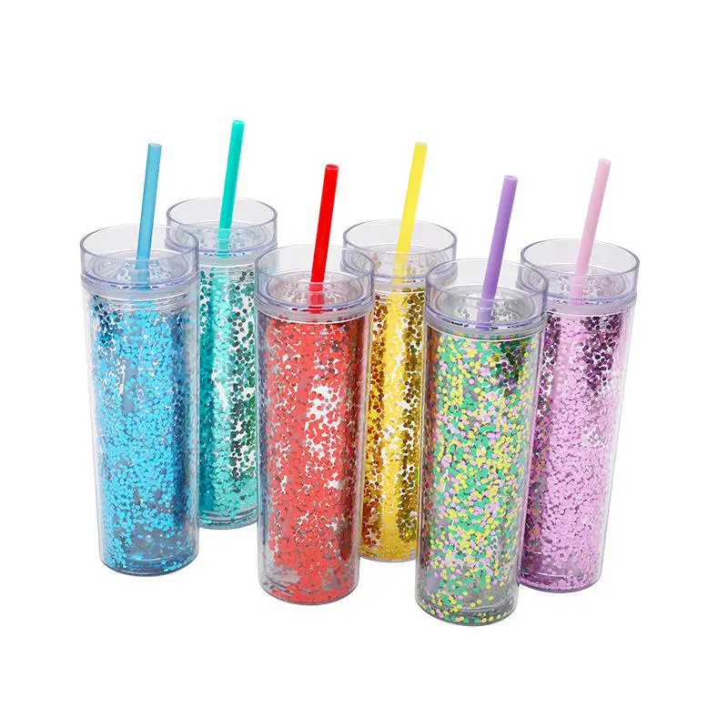 2023 New Style 16oz Clear Acrylic Straw Glitter Powder Sparkle Shinning Double Wall Plastic Tumbler Boba Bottles